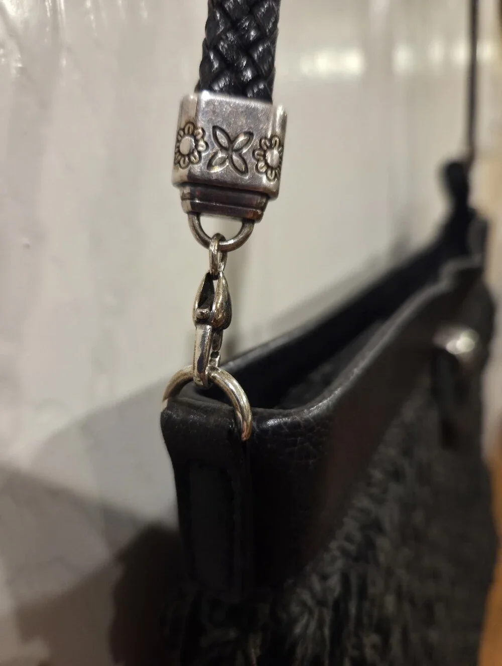 Brighton Black Woven Raffia Shoulder Bag With Silver Embellishment Leather Strap